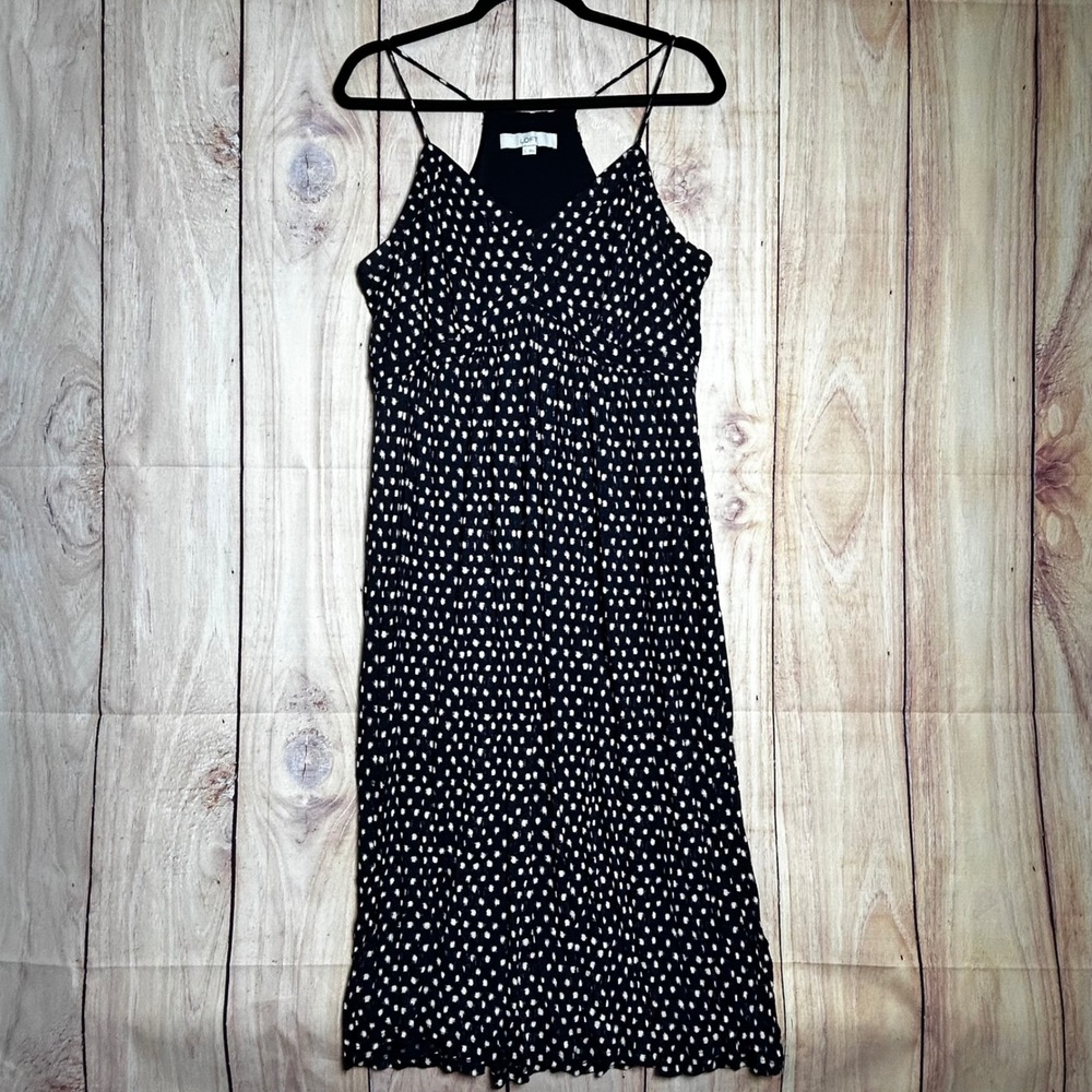 LOFT Polka Dot Midi Dress Womens Large Navy‎ Blue Racerback Rayon Summer Classic